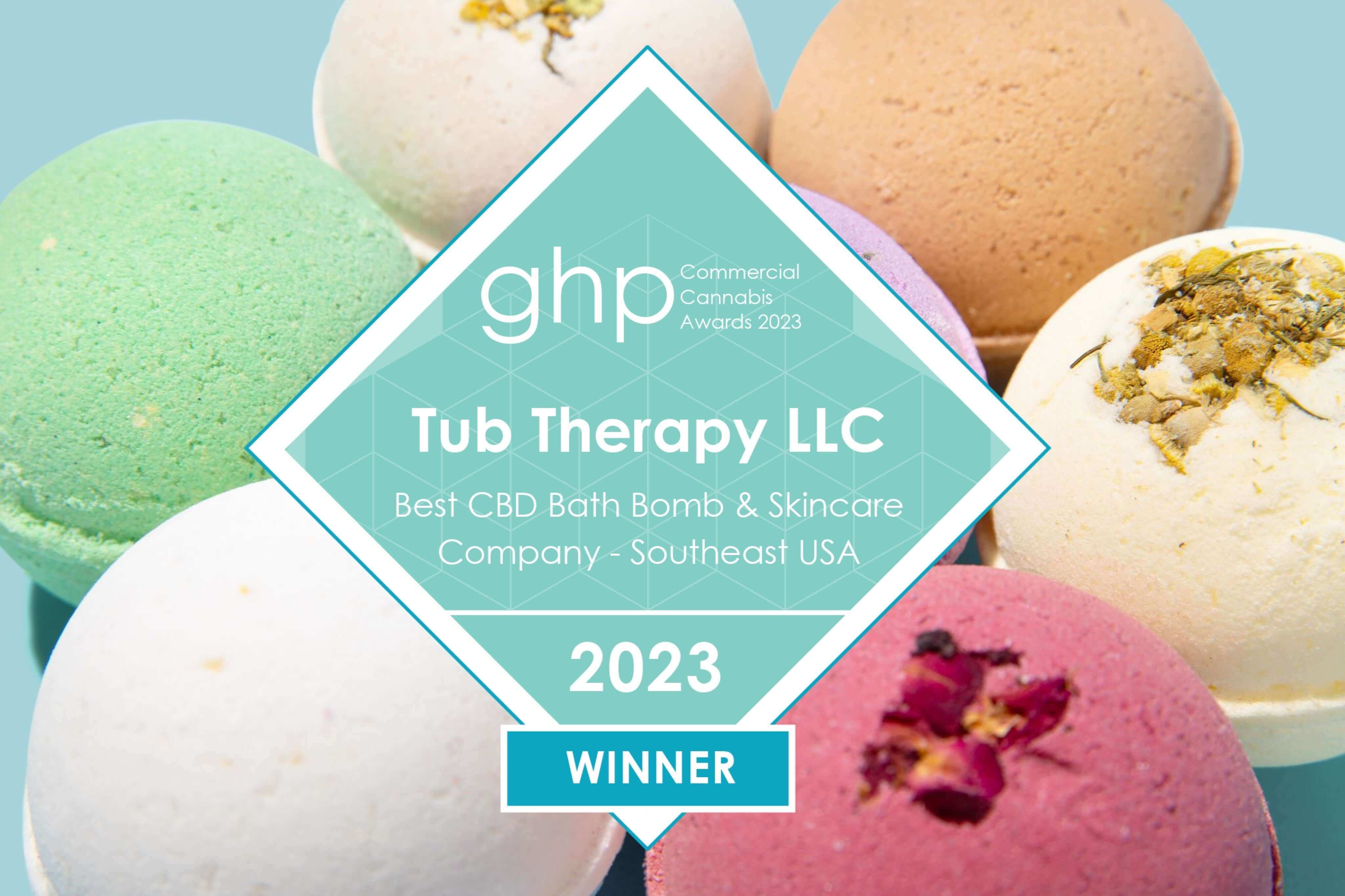 Tub Therapy | Badge declaring Tub Therapy LLC as the Best CBD Bath Bombs and Skincare in the Southeast USA, with an assortment of CBD bath bombs in the background.